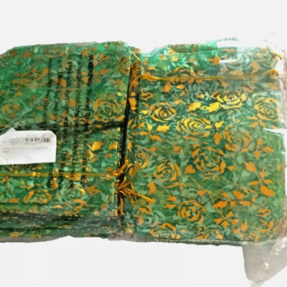 100 Pack Organza Gift Bag 4x6 Green Sheer Gold Rose Drawstring Wedding Favor NEW